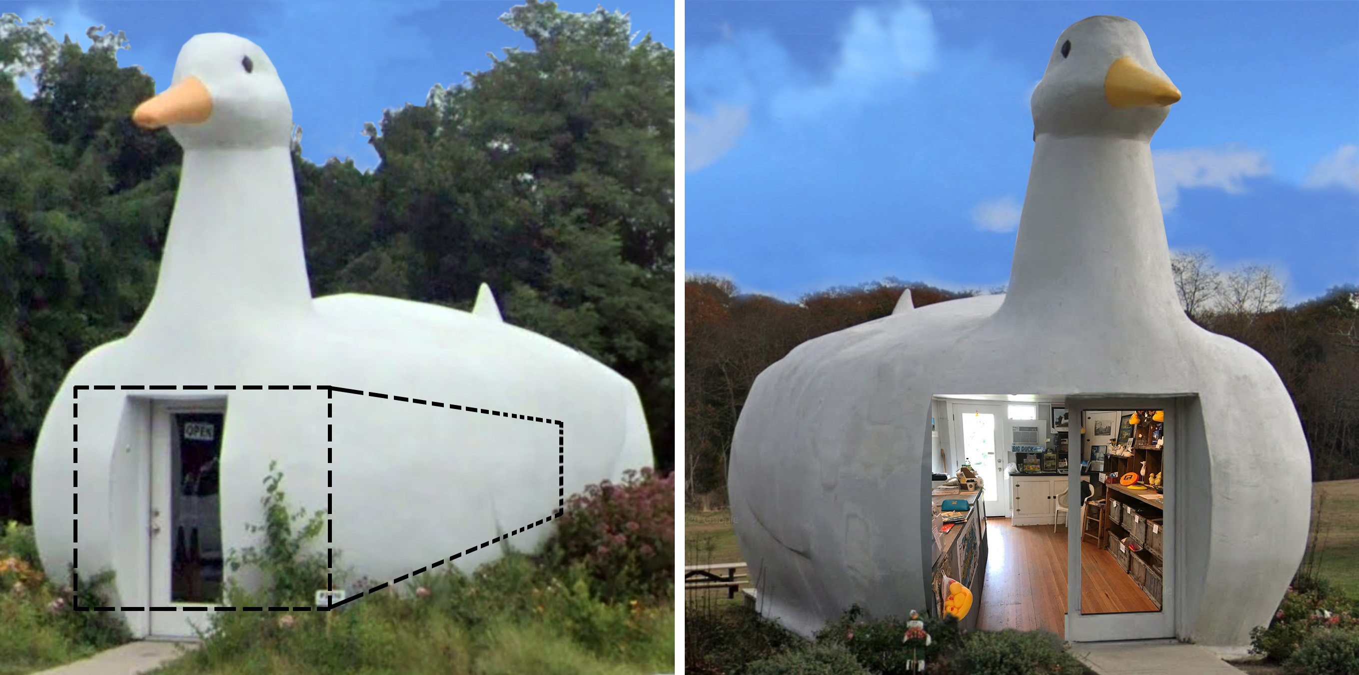 animation gif showing how the Long Island Duckling was constructed starting with a normative wood-framed box (left) and collage showing interior selling space inside duck.